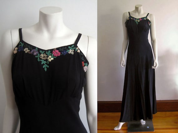 1940s Gown / 40s Evening Gown / Black Silk Cellul