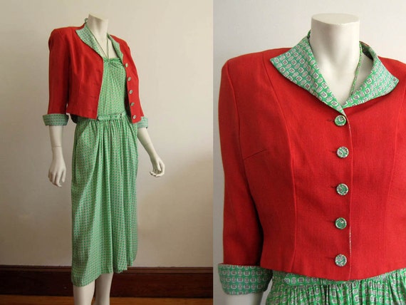 1940s Dress / 40s Halter Dress Jacket / Printed Si