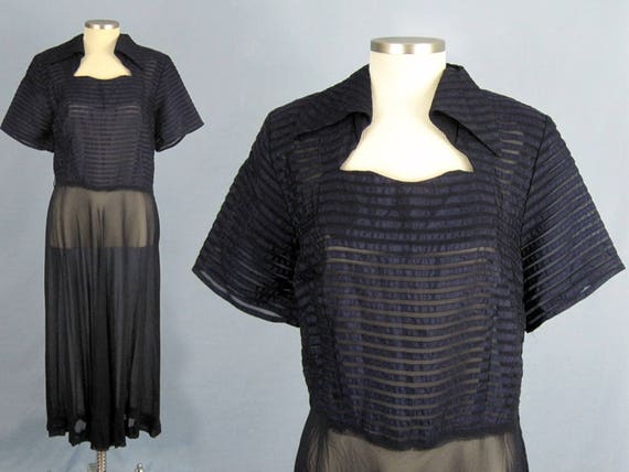 1940s Dress / 40s Sheer Chiffon Dress / Navy Blue