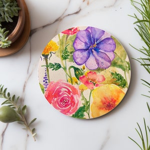Watercolor flowers Coaster, hand painted coaster, Wildflower Coasters, floral coasters, patio coasters, housewarming gift, organic coasters