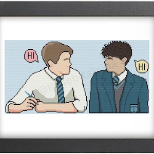 May include: Two people, one with brown hair wearing a white shirt and blue tie, and the other with dark hair wearing a blue blazer and a blue and white striped tie, are sitting at a desk. They are both looking at each other and the word "Hi" is written in a speech bubble above each of their heads.