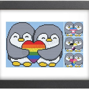 May include: Two gray penguins holding a rainbow heart. Below are three more pairs of penguins holding different pride flags: transgender, non-binary, and bisexual.