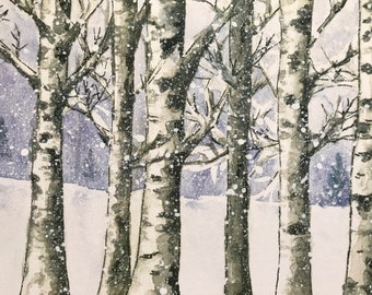 Snow on birch trees watercolor painting, 12"x16"