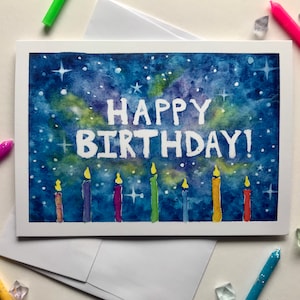 Cosmic Happy Birthday enkele aquarelkaart, 5x7