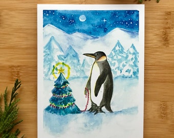 Christmas Penguin Watercolor Greeting Card Set!  Free Shipping to U.S.!