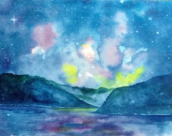 Aurora Borealis watercolor painting