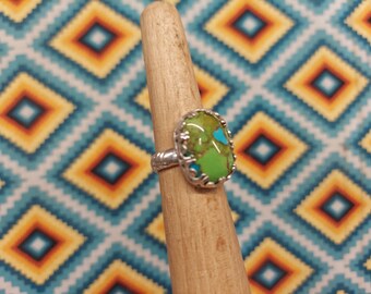 sterling silver Green Mojave Blue Turquoise ring 12 x 18 mm, size 4 3/4. set in a gallery bezel with a new style band.