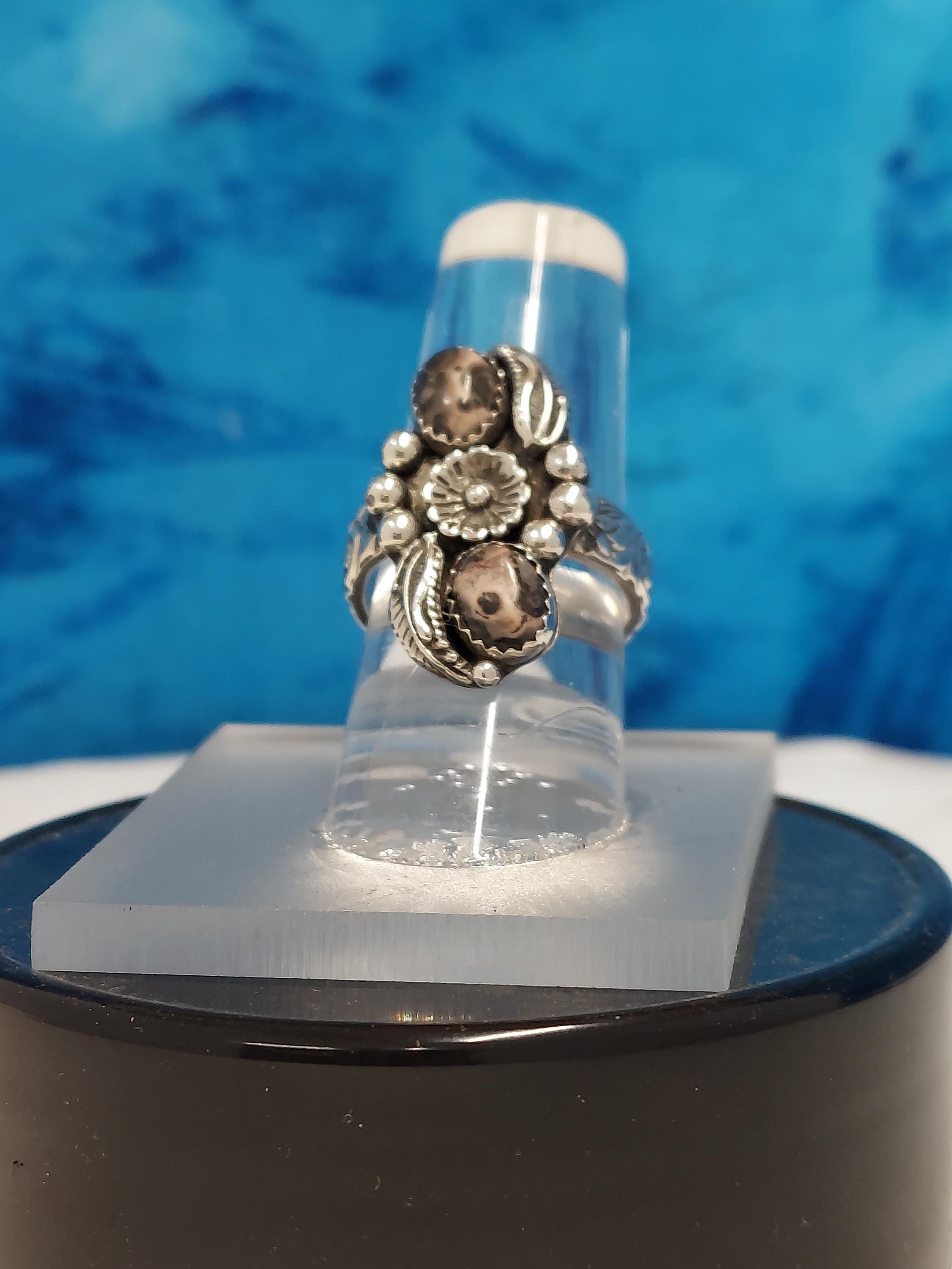 Leopard Skin Agate Ring - Floral Blossom Sterling Silver, Size 6.5