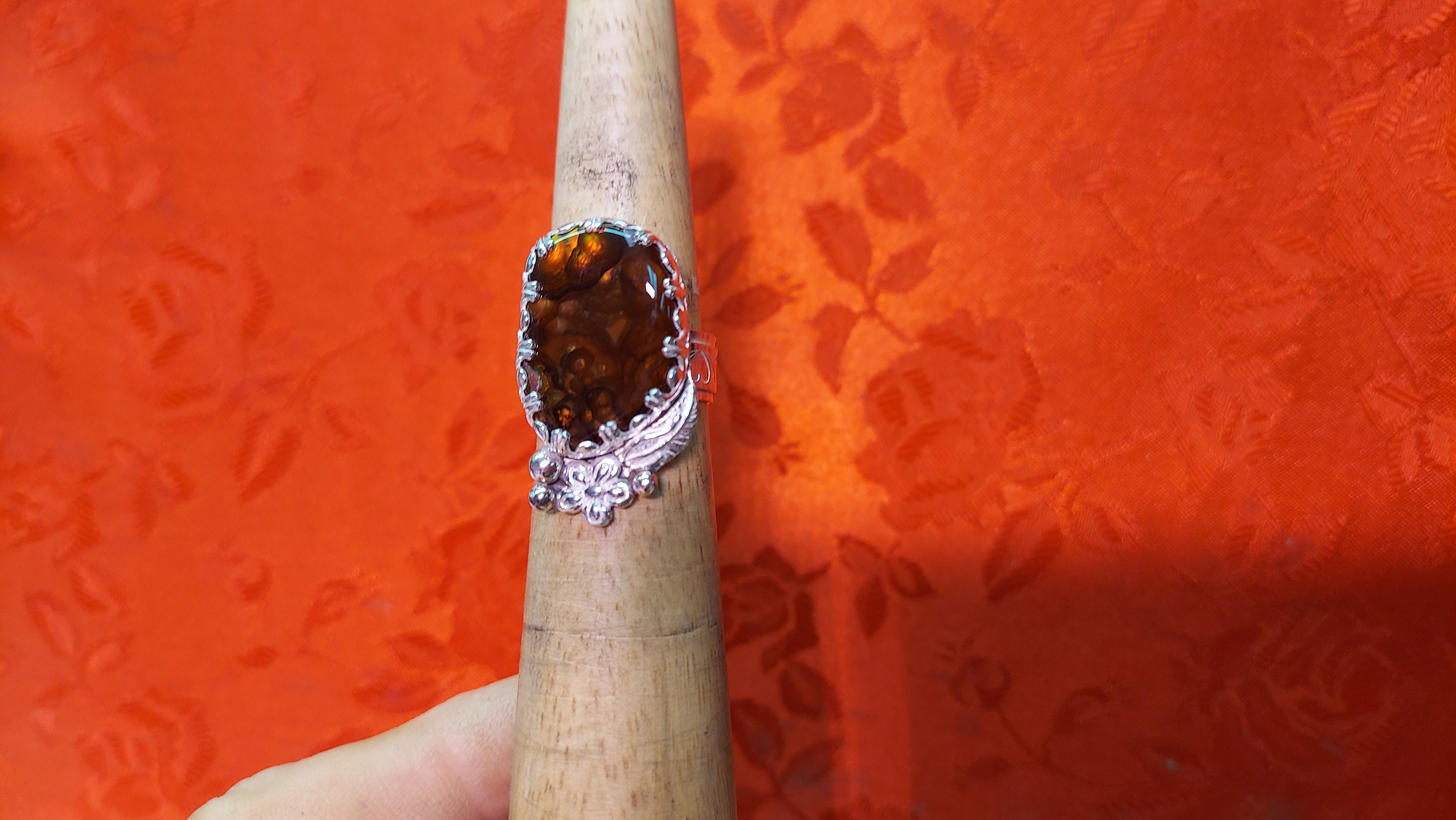 Fire Agate sterling silver ring, 100% natural size 7 3/4 heart design band. (very nice stone)