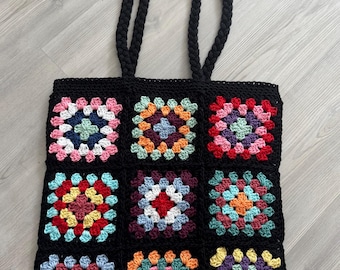Crochet Granny Square Tote Bag Fully Lined Cotton Multicolored and Black 15” x 15” Braided Shoulder Straps Purse Snap Closure Handbag