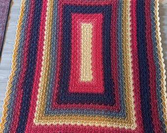 Handmade Crochet Afghan Multicolor Boho Sofa Throw Blanket 70x50” Red Navy Gold Gray Shell Pattern Knit Machine Washable