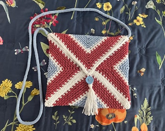 Crochet Crossbody Bag: Blue Terracotta Diamond Knit Purse 9” x 9” Shoulder Purse Cotton