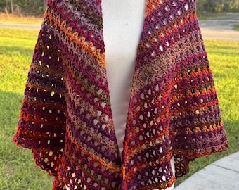 Crochet Triangle Shawl Sunset Colors Handmade Boho Knit Wrap 70” x 31” Burgundy Red Orange Gold Machine Washable Lightweight