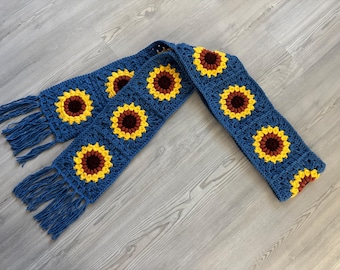 Crochet Scarf Handmade Denim Blue Sunflower Granny Squares Knit Wrap with Fringe 76” Woman Girl Teen Neck Warmer Gold Brown