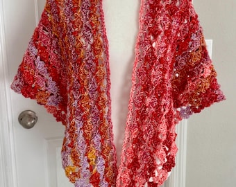 Handmade Lacy Crochet Triangle Shawl Lightweight Spring Colors Handmade Boho Knit Wrap 72” x 27” Pink Orange Gold Machine Washable