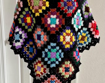 Handmade Crochet Poncho Granny Square Multiple and Black Knit Multicolor Boho Machine Washable Colorful Retro Style