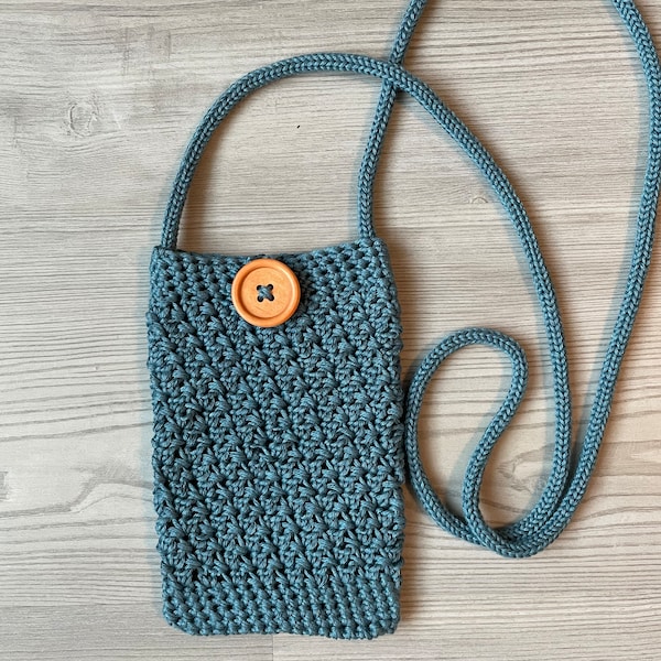 Ready to Ship Handmade Crochet Mini Crossbody Cell Phone Bag Knit Mobile Pouch Cotton Bamboo Shoulder Blue 4x7” 50” Strap