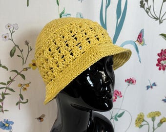 Crochet Cotton Bucket Sun Hat: Lightweight Boho Summer Beach Knit Yellow Summer Woman Teen Girl