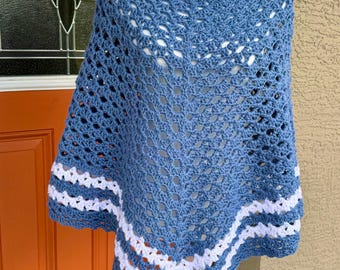 Crochet Poncho Handmade Medium Blue and White 30” Long Boho Machine Washable Stripes Lightweight Knit Wrap