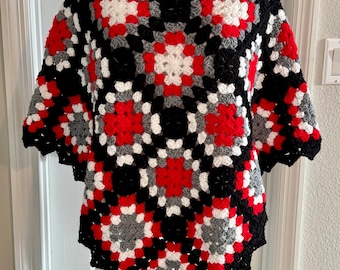 Handmade Crochet Poncho Granny Square Scarlet Red, Gray, Black, White Knit Multicolor Boho Machine Washable