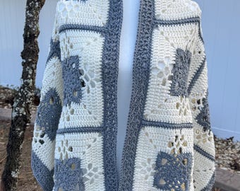 Handmade Crochet Rectangle Shawl Antique White and Gray Lacy Granny Squares Knit Wrap 63” x 21” Machine Washable