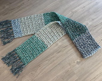 Crochet Scarf Winter Handmade Blue & Green Stripes Knit Wrap with Fringe 66” Woman Girl Teen Neck Warmer Machine Washable