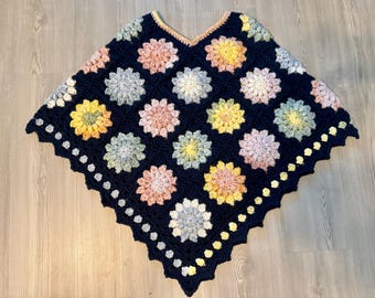 Handmade Crochet Poncho Sunburst Colorful Navy Blue Granny Square Multicolor Knit Blue Green Pink Orange White