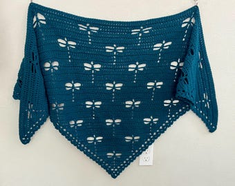 Handmade Lacy Crochet Dragonfly Triangle Shawl Lightweight Boho Knit Wrap 70” x 29” Cascade Teal Blue Machine Washable