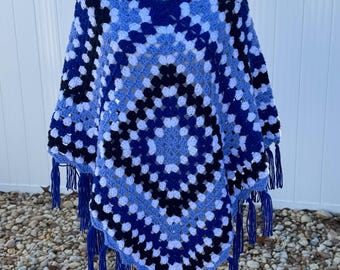 Crochet Poncho Knit Wrap Sweater Granny Squares Blue White, Navy Royal Retro Hippie Style 32” Long plus Fringe