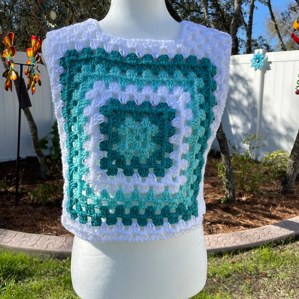 Ready to Ship Granny Square Cropped Vest Teal Mint Green White Knit Tank Top Sweater Boho Size S to M Waistcoat Machine Washable Handmade