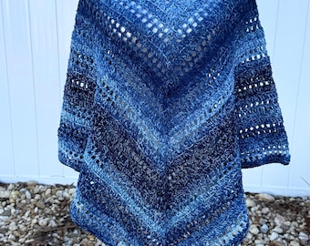 Crochet Poncho Handmade Knit Wrap Sweater Ombre Shades of Denim Blue 32” Long Boho Machine Washable Stripes