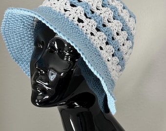 Crochet Cotton Bucket Sun Hat: Lightweight Boho Summer Beach Knit Blue and White Stripes Summer Woman Teen Girl