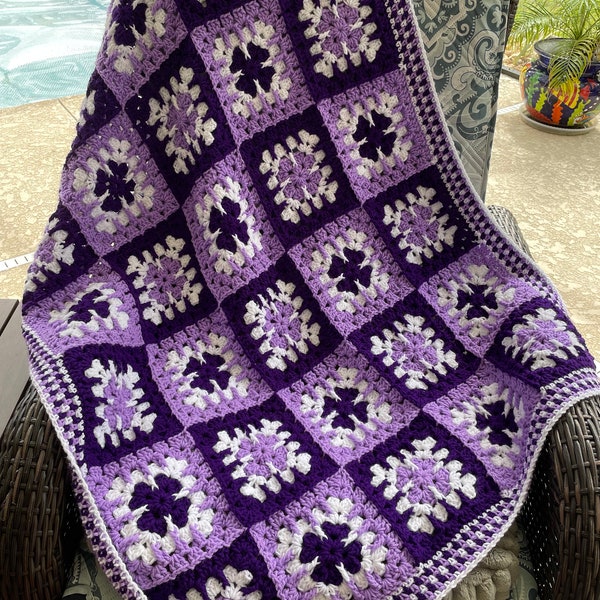 Ready to Ship Crochet Granny Square Lapghan Royal Purple Lavender White Lap Blanket Baby Toddler Wheelchair Legs Throw Knit Afghan Lilac