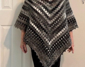 Crochet Poncho Handmade Black Gray Boho Machine Washable Stripes Wrap Variegated Warm