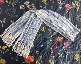 Crochet Scarf Textured Handmade Blue & White Stripes Knit Wrap with Fringe 66” Woman Girl Teen Neck Warmer