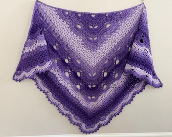 Handmade Crochet Triangle Shawl Purple Lavender Ombre Shell Pattern Handmade Boho Knit Wrap 74” x 34” Stripes Machine Washable