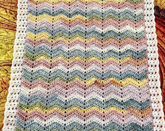 Handmade Crochet Baby Blanket Pastel Rainbow Ripple Pattern White Border Knit Infant Afghan 38x28” Machine Washable Stroller Car Seat Crib