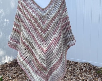 Crochet Poncho Handmade Pink Tan Beige Boho Machine Washable Stripes Wrap Generous Size Variegated Warm