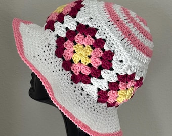 Crochet Cotton Granny Square Bucket Sun Hat Lightweight Boho Summer Beach Knit White Pink Burgundy Summer Woman Teen Girl