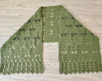 New Crochet Dragonfly Shawl: Olive Green Machine Washable Soft Handmade Lacy Blanket Wrap Knit Shell Border 75” x 20”