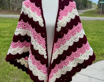 Handmade Crochet Triangle Shawl Burgundy Pink White Shell Pattern Handmade Boho Knit Wrap 74” x 36” Stripes Machine Washable