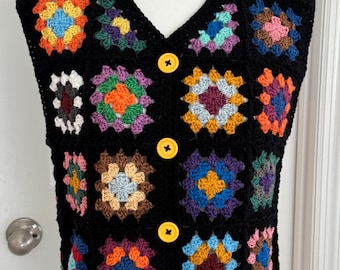 New Handmade Crochet Granny Square Vest Multicolor Black Waistcoat Knit Colorful Boho Festival Lightweight Sweater