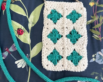 Crochet Crossbody Mini Cell Phone Bag: Turquoise and White Granny Squares Knit  6.5” x 4.5” Shoulder Purse Cotton Pouch Blue