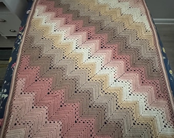 Handmade Crochet Chevron Afghan Pink Rose Tan Beige Boho Sofa Throw Blanket 68x49” Zig Zag Ripple Boho Machine Washable Knit