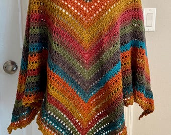 Handmade Crochet Poncho Lightweight Knit Wrap Earth Tones Orange Gold Gray Brown Blue 31” Long Boho Machine Washable Stripes