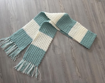 Crochet Scarf: Handmade Mint Green and White Stripes Knit Wrap with Fringe 70” Woman Girl Teen Neck Warmer