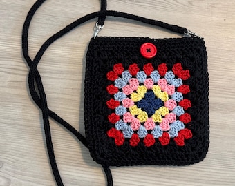 Crochet Crossbody Lined Small Cell Phone Bag: Multicolored and Black Granny Squares Knit 8x7.5” Shoulder Purse Cotton Pouch Button Closure