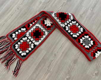 Crochet Scarf Handmade Granny Squares Knit Wrap with Fringe 76” Scarlet Red Gray Black White Woman Girl Teen Neck Warmer