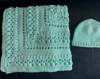 Handmade Crochet Baby Blanket and Beanie Hat Pastel Green Textured Knit Infant Afghan Mint 37x37” Square Machine Washable