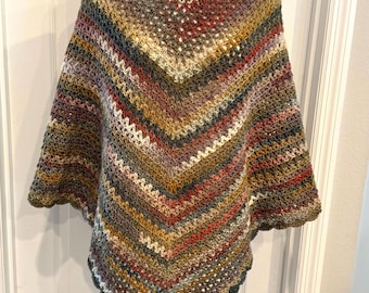 Handmade Crochet Poncho Lightweight Knit Wrap Autumn Colors Brown Orange Gold Gray Blue 31” Long Boho Machine Washable Stripes